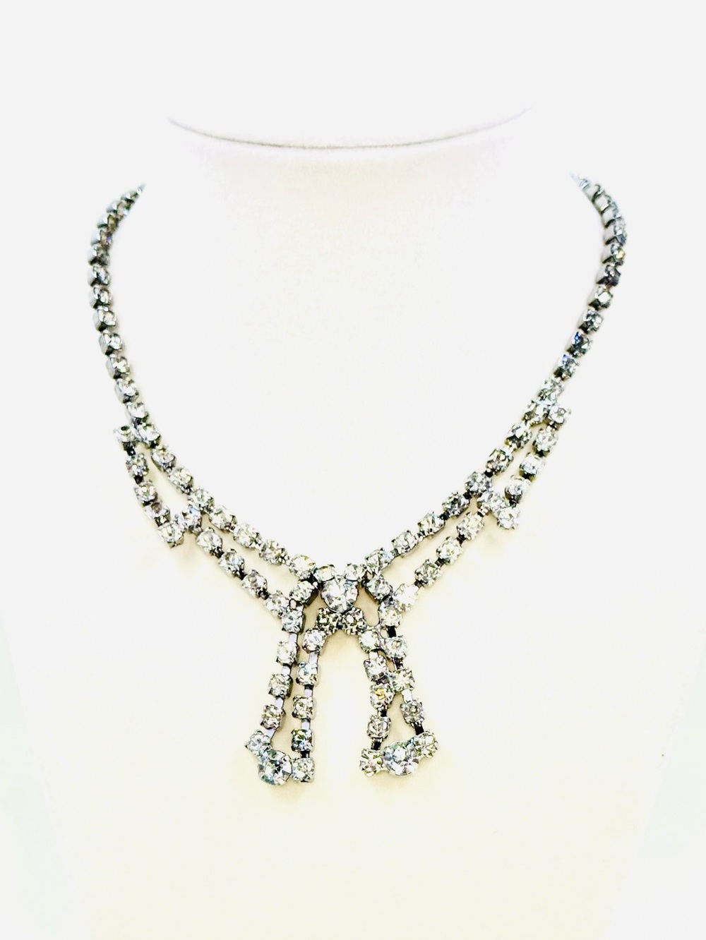 Vintage Silver Tone Rhinestone Bow Statement Necklace 14”